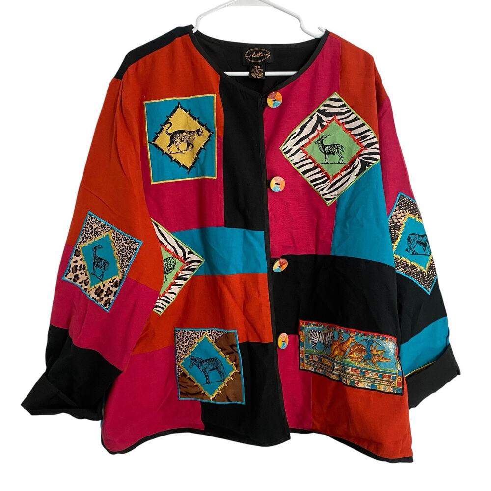 Allure‎ Patchwork Jacket Woman 3X Animal Safari Print Cotton Artsy Boho Colorful